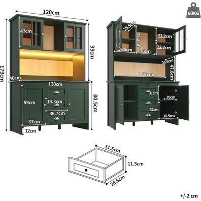 Lahoomu Küchenschrank Grün mit braunen Glastüren, LED-Beleuchtung, 120x40x179 cm
