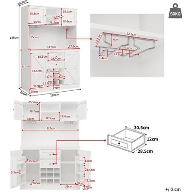 Lahoomu Küchenschrank Hochschrank mit 4 Türen, 2 Schubladen, Weinregal