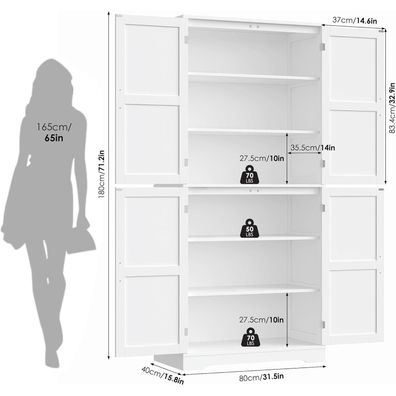HOCSOK Küchenschrank 180 cm Hochschrank mit 4 Türen, Weiß - Ideal für Küche
