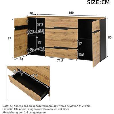 Sideboard mit LED Beleuchtung, moderner Hochglanz Küchenschrank mit 3 Türen und