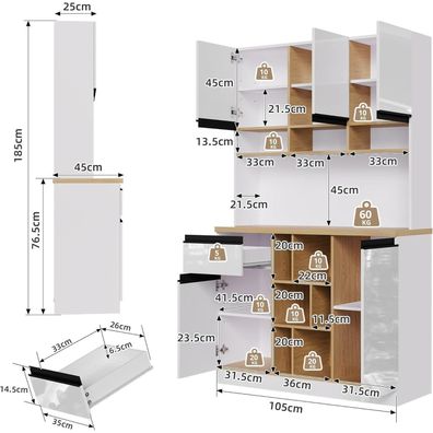 DRIXNO Moderner Küchenschrank 105x45x185 cm Weiß Hochglanz mit Schubladen und