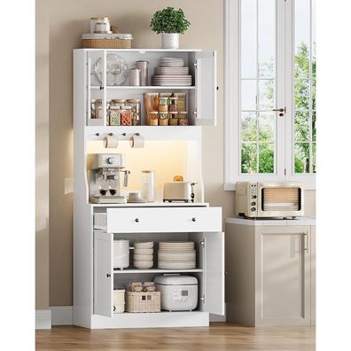 Kimenich Küchenschrank mit Arbeitsfläche, LED, Steckdose und Glasvitrine - Weiß