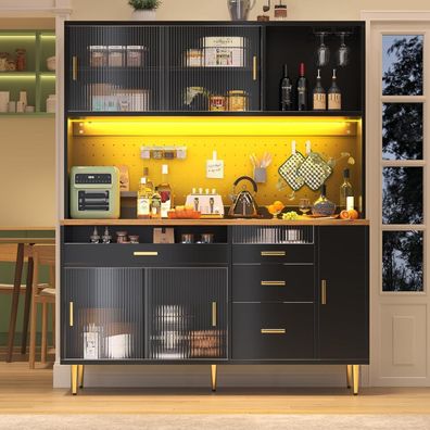 DRIXNO Küchenschrank mit LED-Beleuchtung, Vitrinenschrank mit Arbeitsplatte und
