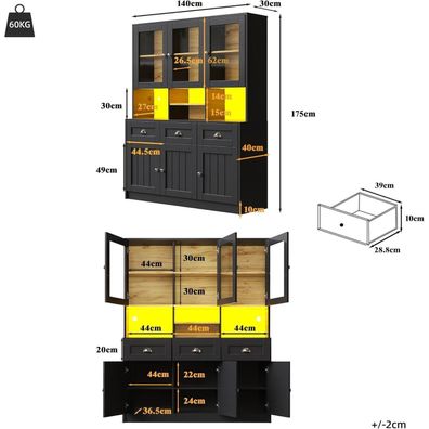 Lahoomu Küchenschrank Hochschrank mit LED-Beleuchtung, 140x40x175cm, Schwarz