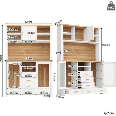 Ojjxh Küchenschrank Hochschrank mit LED, 3 Türen, 6 Schubladen, Sideboard Weiß