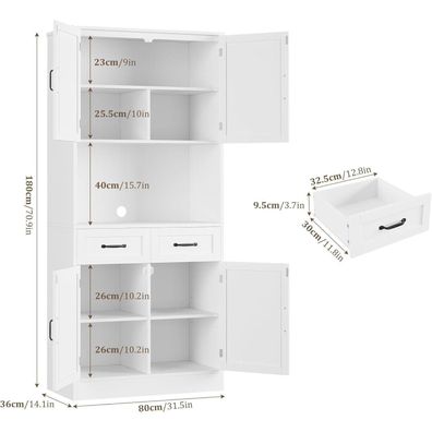 HOCSOK Küchenschrank 180cm Buffetschrank mit Arbeitsplatte, Vorratsschrank mit