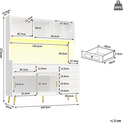 Ojjxh Küchenschrank Hochschrank mit LED, Arbeitsplatte, Lochwand, Schublade