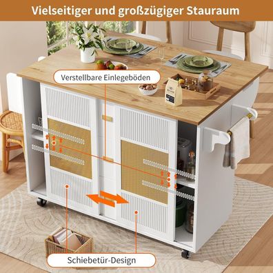 Lahoomu Kücheninsel mit Rollen, ausziehbarer Küchentisch, weiß, 120x73x93cm