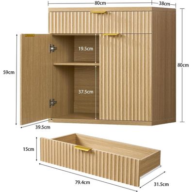 Teenfon Sideboard Eiche, 80x38x80 cm, mit geriffelten Türen, goldenen Griffen