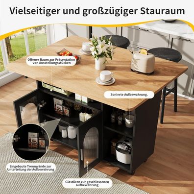 Lahoomu Kücheninsel mit ausklappbarer Tischplatte, Servierwagen mit Stauraum