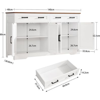 Teenfon Sideboard 140 cm Weiß, Küchenschrank mit Arbeitsplatte & 2 Schubladen