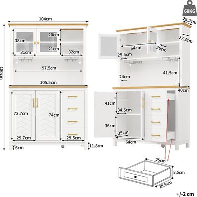 Ojjxh Küchenschrank Hochschrank mit LED, Arbeitsplatte, 4 Türen, Schubladen