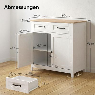 Hokeeper Küchenschrank Sideboard für Wohnzimmer, Kommode mit 2 Schubladen und 2