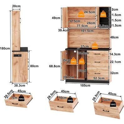 VIVCA Moderner Küchenhochschrank 105x40x180cm, Schwarz/Holzoptik mit LED