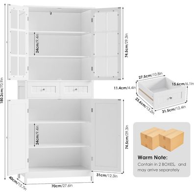 HOCSOK Küchenschrank 180cm Weiß - Hochschrank mit 2 Glastüren, 4 Türen & 2