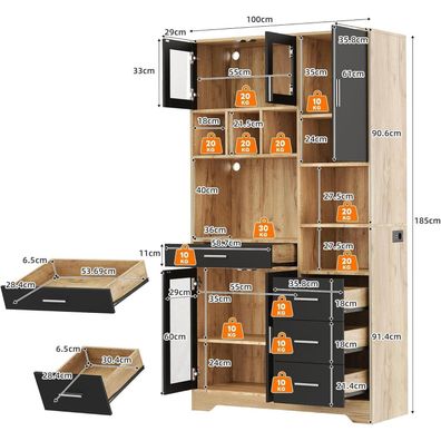 Yrxin Küchenregal im Bauernhaus-Stil, Hochschrank mit LED und Steckdose
