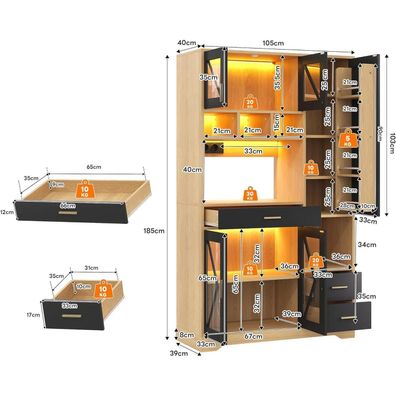 Huayz Küchenschrank Buffetschrank Hochschrank mit Steckdosen, LED-Lichtleisten