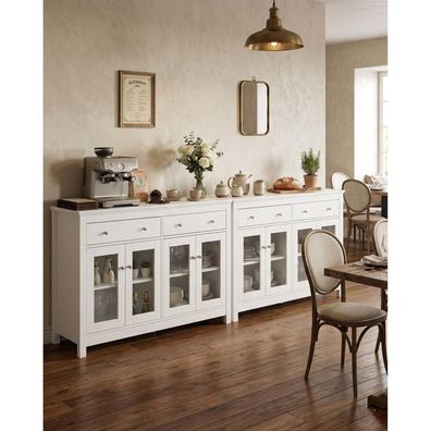 Amveya Sideboard Weiß Hochglanz 140 cm Breit mit Glastüren und Schubladen - 2er