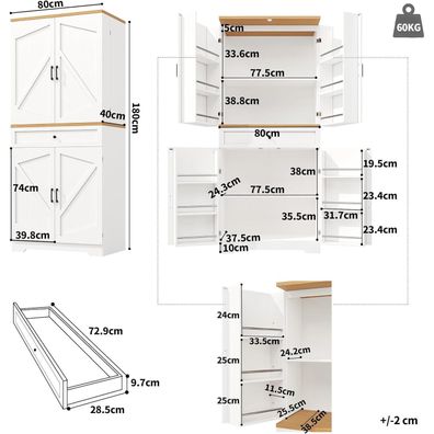 AliSefaiy Buffetschrank, Hochschrank, Küchenschrank 80x40x180cm mit 12 Türen