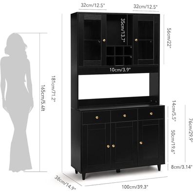 VOWNER Küchenschrank Buffetschrank Schwarz mit 5 Schränken und 3 Schubladen