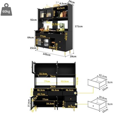 Küchenschrank Hoch 171 cm Schwarz mit Glastür, Weinglasregal und Arbeitsplatte
