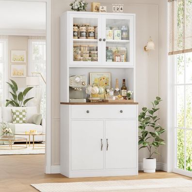 HOCSOK Küchenschrank Sideboard mit Arbeitsplatte, 2 Glastüren und Schubladen