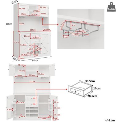 VIVCA Küchenschrank Hochschrank mit Weinregal und 4 Türen, 180x60x40cm, Weiß
