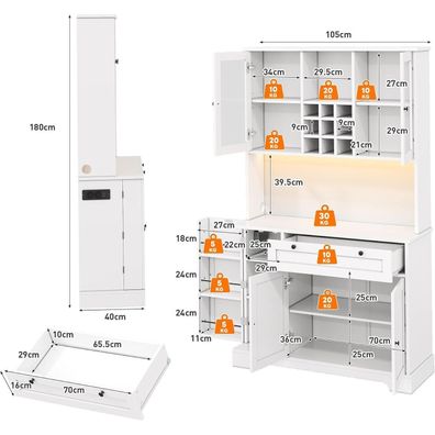 Küchenschrank Hochschrank 180cm Weiß mit LED, Steckdose, Weinregal & Glastür