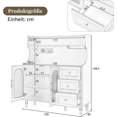 Küchenschrank Buffetschrank 138.5 cm Weiß mit Steckdosen, Stauraum und
