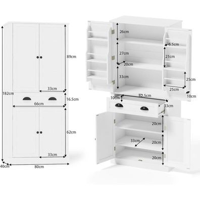 Küchenschrank mit 4 Türen, 1 Schublade und 6 Staufächern - Weiß, 80x40x182 cm