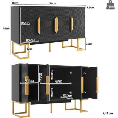 AliSefaiy Sideboard 140cm Breit, Küchenschrank mit Arbeitsplatte, 4 Türen, 2