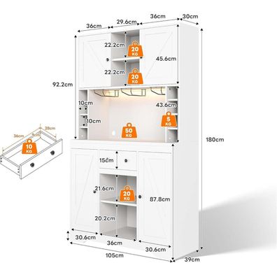 Huayz Küchen- und Buffetschrank mit Steckdosen, LED-Lichtleiste und Weinregal