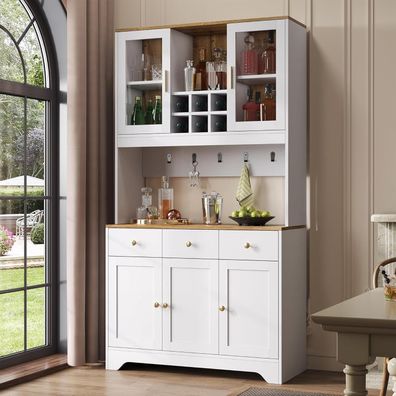 Küchenschrank mit Schubladen und Weinregal, 94.5x30x175.5 cm, Weiß + Holzfarbe