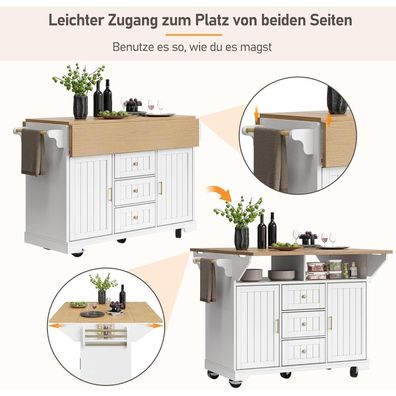 Lahoomu Kücheninsel mit Rollen, ausziehbar, weiß, mit Handtuchhalter und