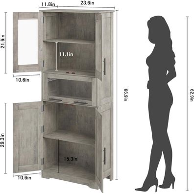 Opulenthome 170 cm Küchenschrank Grau mit 2 Holz- & 2 Glastüren, 4 Fächer