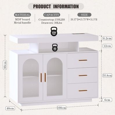 Fredees Sideboard mit 3 Schubladen, Buffetschrank mit LED-Licht und