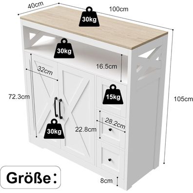 Teahutty Sideboard Küchenschrank mit 3 Schubladen und 2 Türen, weiß, 100x40x105