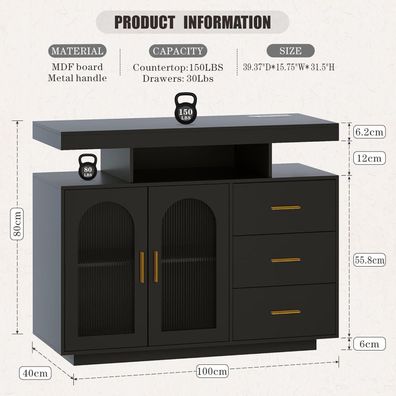 Fredees LED Küchenschrank mit Ladefunktion und RGB Licht, Holz Sideboard mit 3