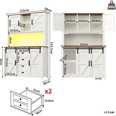 Küchenschrank Buffetschrank 174.7 cm mit LED Licht, 2 Schubladen und