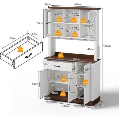 Küchenschrank mit LED, Steckdosenleiste und Arbeitsplatte, 185x105x40 cm