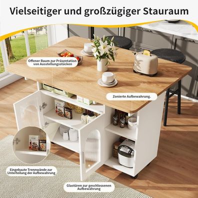 DRIXNO Kücheninsel mit Rollen, abnehmbarer Servierwagen, weißer Buffetschrank