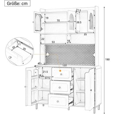 Küchenschrank Buffetschrank 190 cm mit Lochbrett, Schublade und Türen, Schwarz