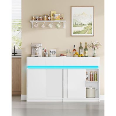 Hzuaneri Sideboard mit 4 Schubladen, 4 Schiebetüren, Steckdosenleiste & LED