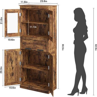 Rustikaler Brauner Vorratsschrank 170cm - Freistehender Küchenschrank mit Türen