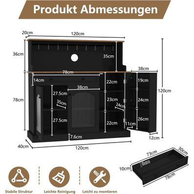Holtico Küchenbuffet Schwarz mit Arbeitsplatte, Weinschrank mit Schublade und