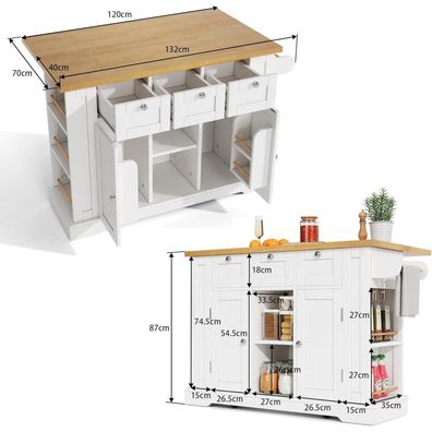 DRIXNO Mobiler Küchentisch 132cm, Landhausstil, Klappbar, mit Steckdose & USB