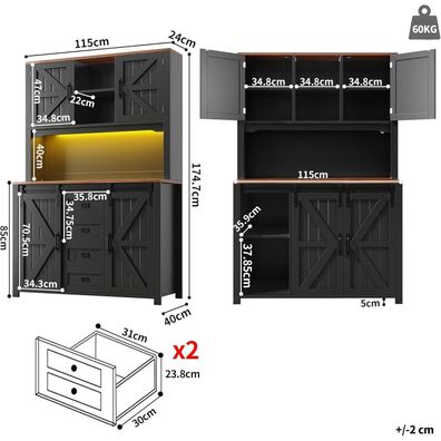 Küchenschrank 174.7 cm mit LED Licht, 2 Schubladen und Schiebetüren, Schwarz