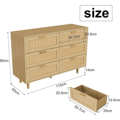 YGHQAP Kommode mit 6 Schubladen, 115cm Breit, Holzkommode mit