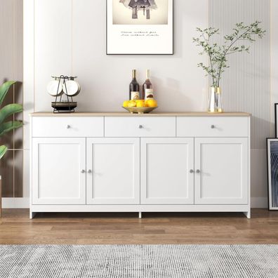 Sideboard Weiss Holzmaserung mit 3 Schubladen und 4 Türen, 160 cm breit