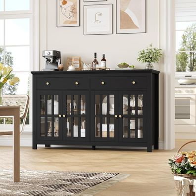 FirFurd Sideboard 140cm Schwarz mit 4 Glastüren und 2 Schubladen, vielseitig